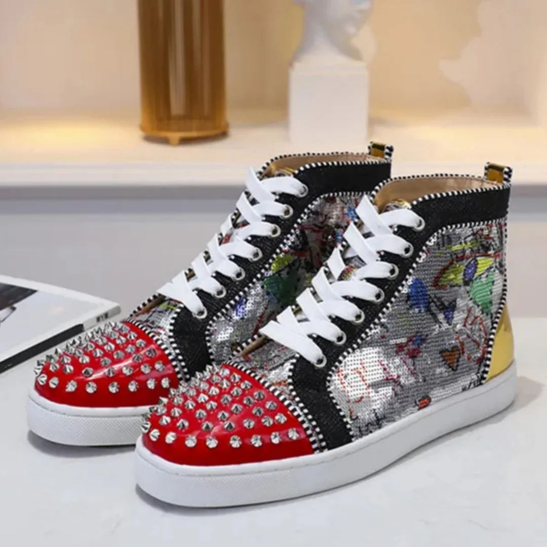 Sneakers Red Sole Fashion Design Graffiti Sequins Men's High-Top Lace-up Casual Shoes Spikes Patent Leather Round Toe Big Size D