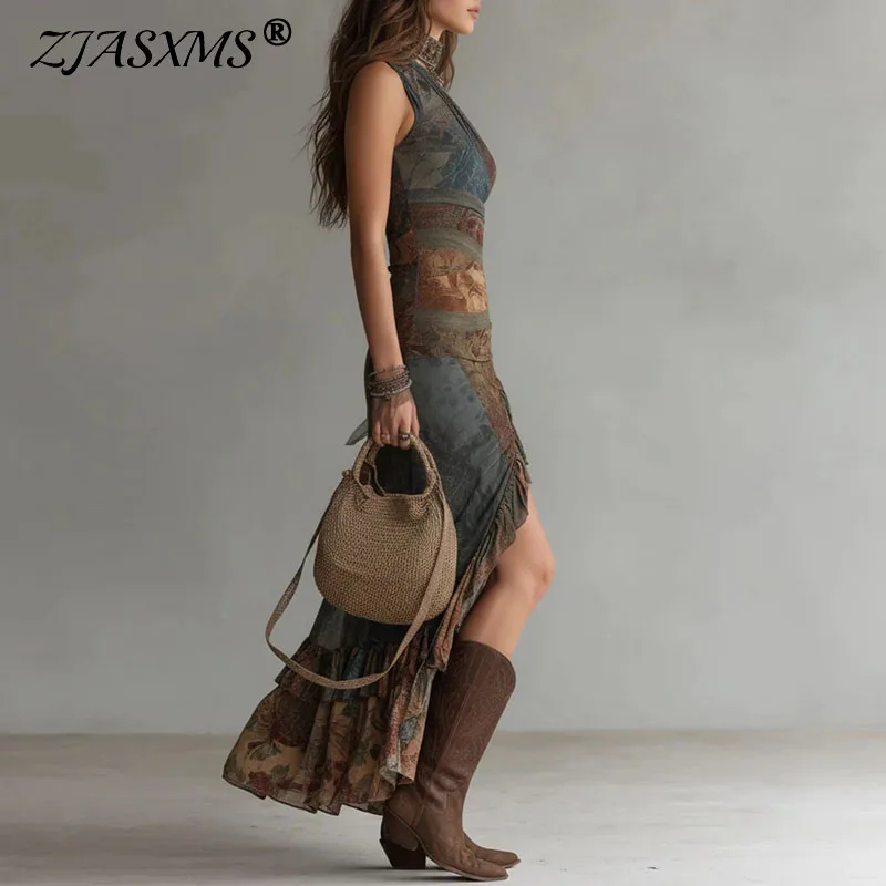 

Этническое винтажное платье женское, сексуальное, на одно плечо, с высоким разрезом, с оборками, асимметричное длинное платье, весна-лето 2026, с принтом, в стиле бохо, макси-платье