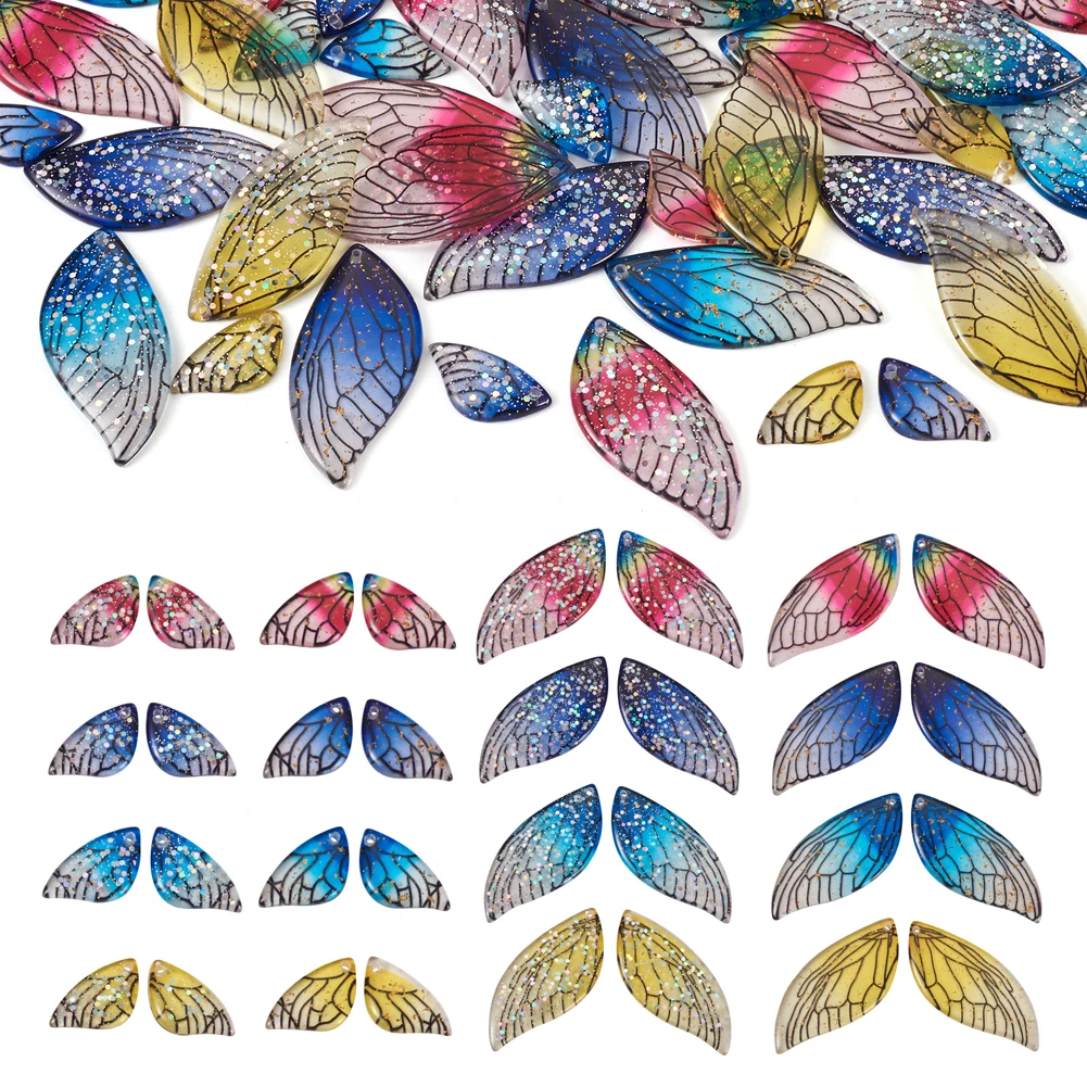 64Pcs Colorful Epoxy Resin Pendants Butterfly Wings Charms with Sequins for DIY Earrings Necklace Jewelry Making Supplies