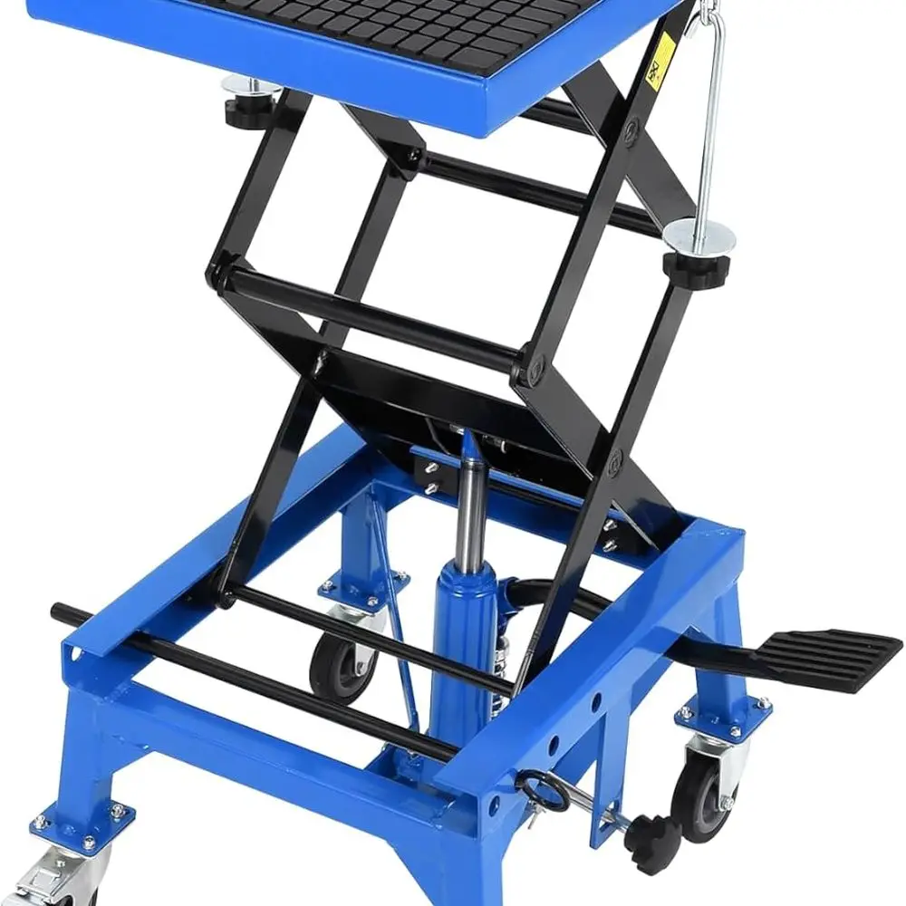 

Гидравлический подъемный стол для мотоцикла, емкость 350 фунтов, ножничный подъемный домкрат с широкой палубой, 4 колеса, J-образные крючки, 13,78-34,2