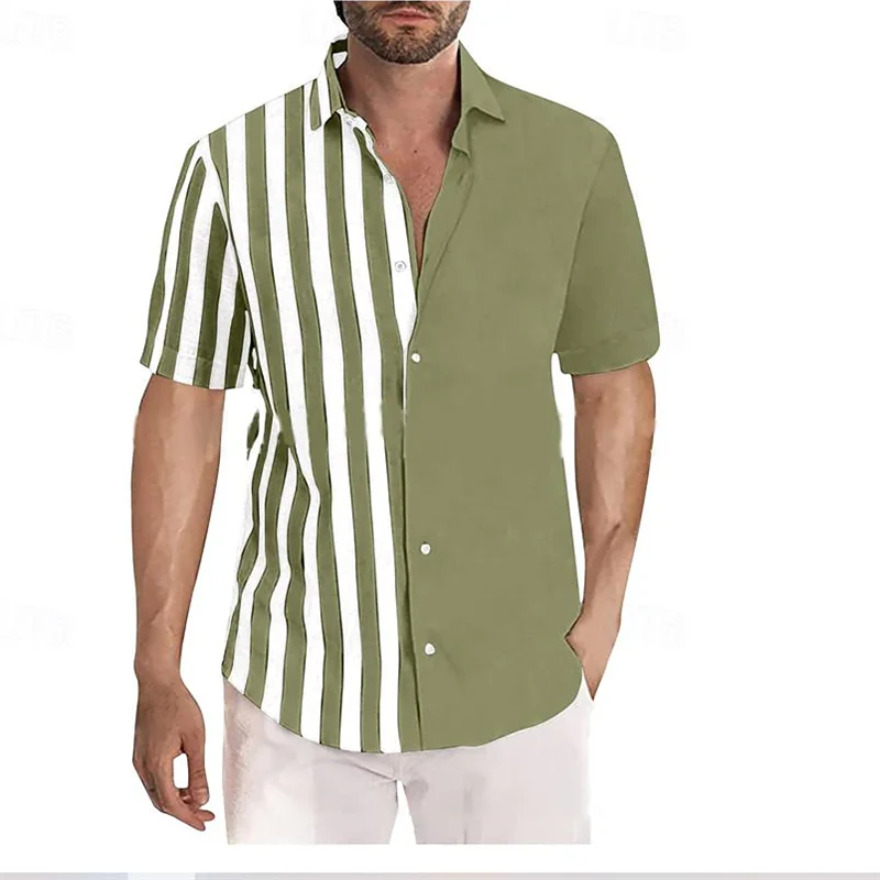 ﻿ Men's 2024 New Button Collar Multi color Striped Short sleeved Shirt Soft and Comfortable Spring/Summer Large Shirt XS-5XL