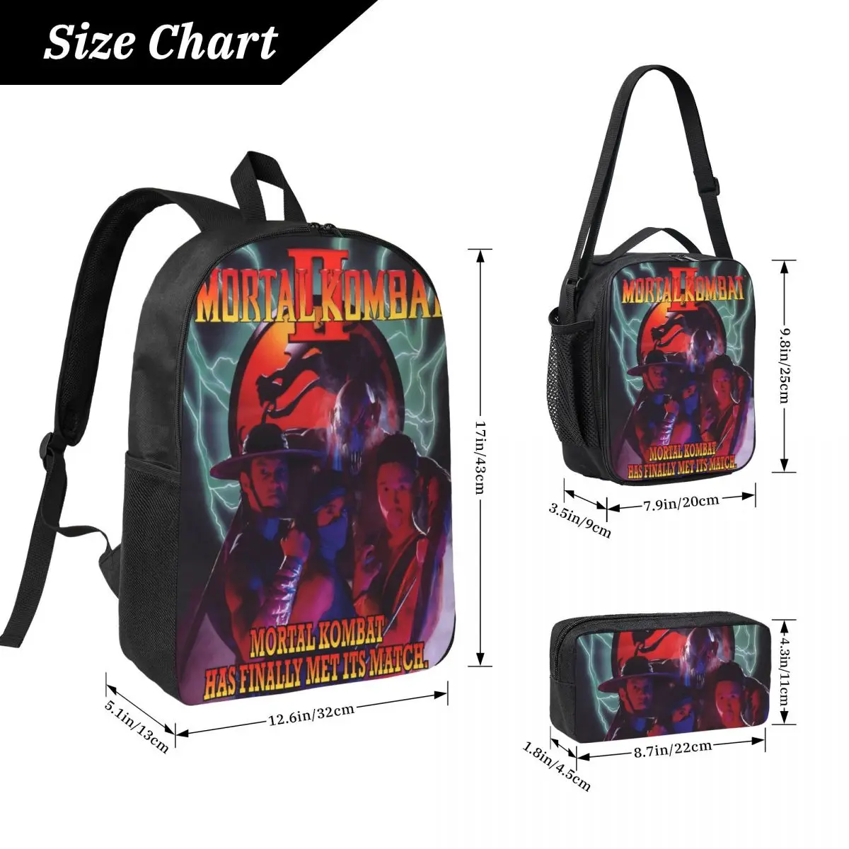 3Pcs Mortal Kombat II Moive 2026 Backpack Set for Kids Pencil Boxes Bookbag Sets with Lunch Box For School Students Knapsack