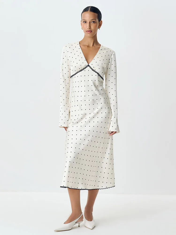 レディース 秋 Vネック 長袖 ボディコン パッチワーク クラブ パーティー イブニングドレス 新ファッション サテン 水玉模様 マキシドレス