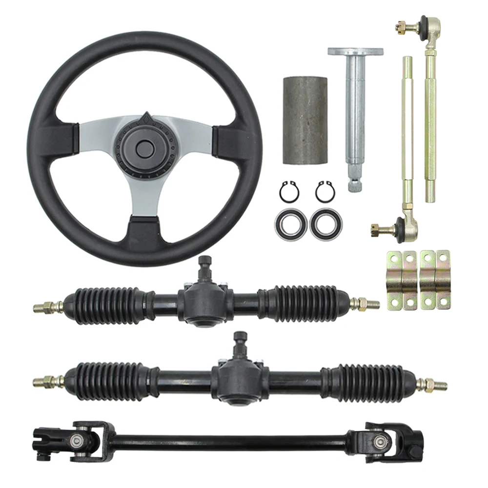 Complete Go Golf Kart 300mm Front Steering Wheel Assembly 320/420mm Gear Rack Pinion 380/390mm Adjustable U joints Shaft Tie Rod