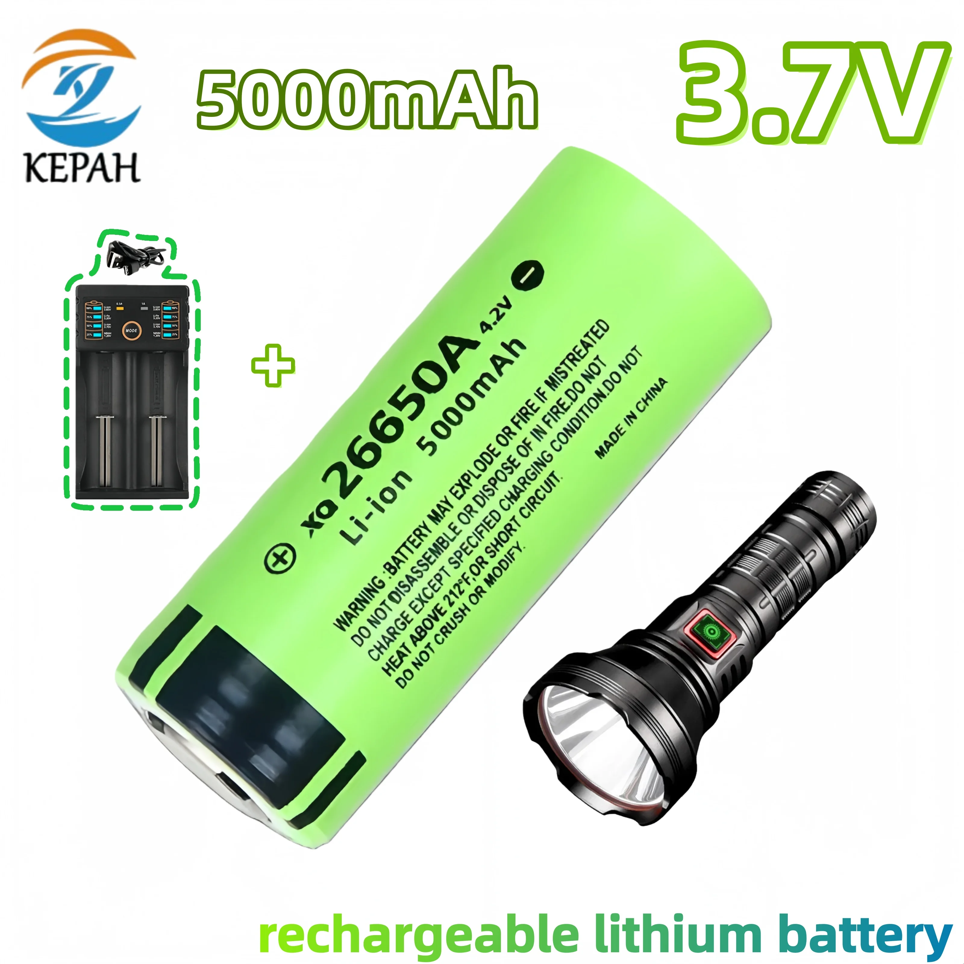 26650A Power Lithium Ion Battery | 3.7V 5000mAh 50A High Discharge, Suitable for Rechargeable LED Flashlights