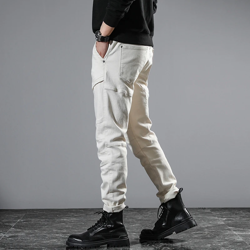 

JXNS89 Europe and the United States splicing white casual jeans men's trend personality gangster handsome zip decoration Slim