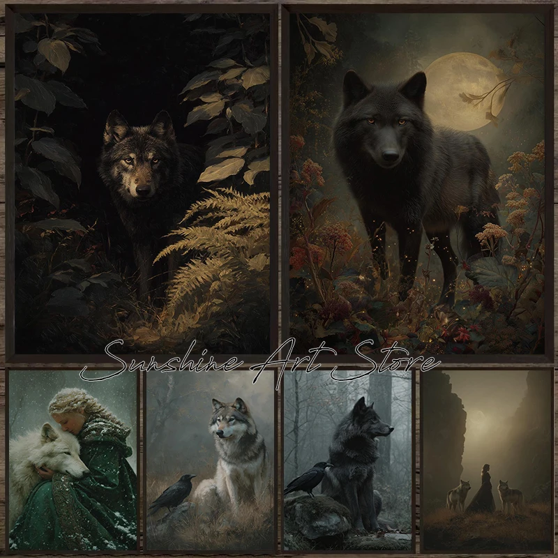 Mystic Black Wolf and Raven in Foggy Dark Forest Wolf Wildlife Mysteriou Rustic Poster Canvas Painting Wall Pictures Home Decor