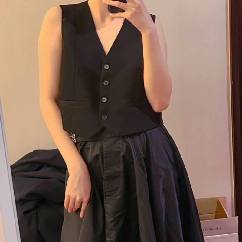 

Waistcoats Women V-neck Retro Stylish Elegant Sleeveless Temperament Harajuku Summer Vests Solid Korean Style Office Ladies Chic