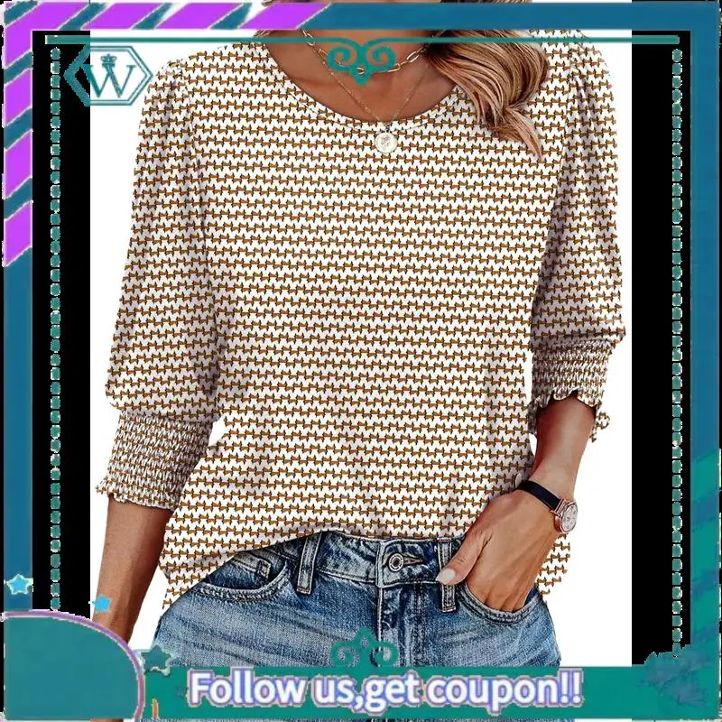 

A09P Blouses For Women Dressy Casual 3/4 Length Sleeve Womens Tops With Smocked Cuffs