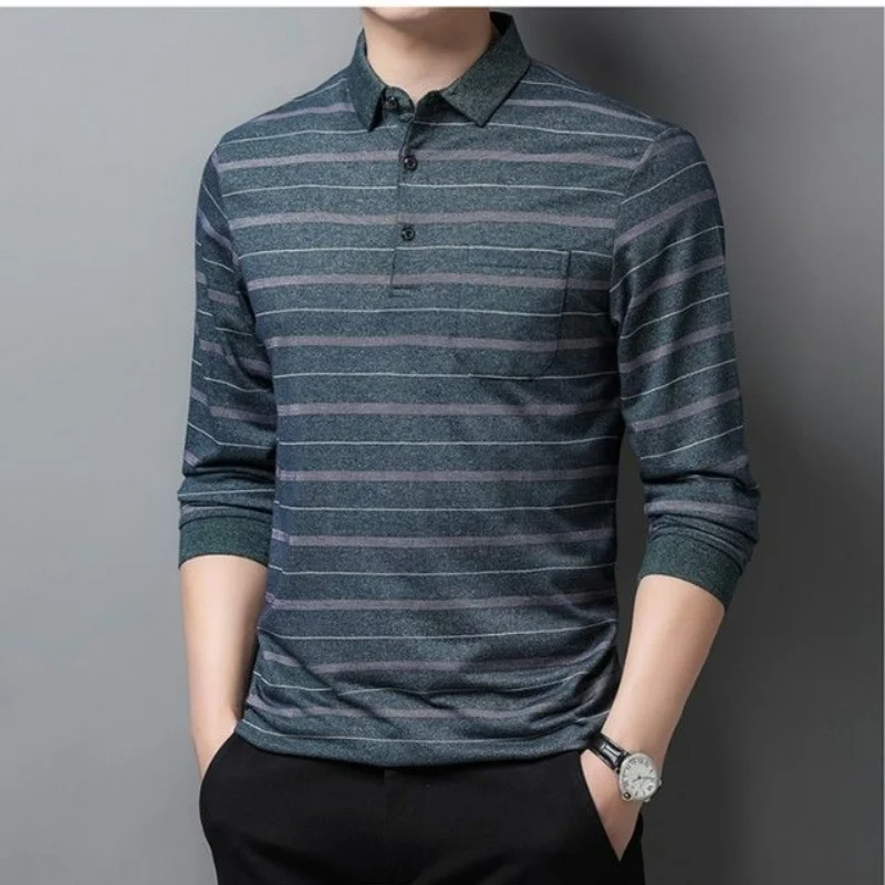 Fashion Men Clothing Long Sleeve Striped Polo Shirts Spring Autumn Business Casual Streetwear Korean New Loose Versatile Tops