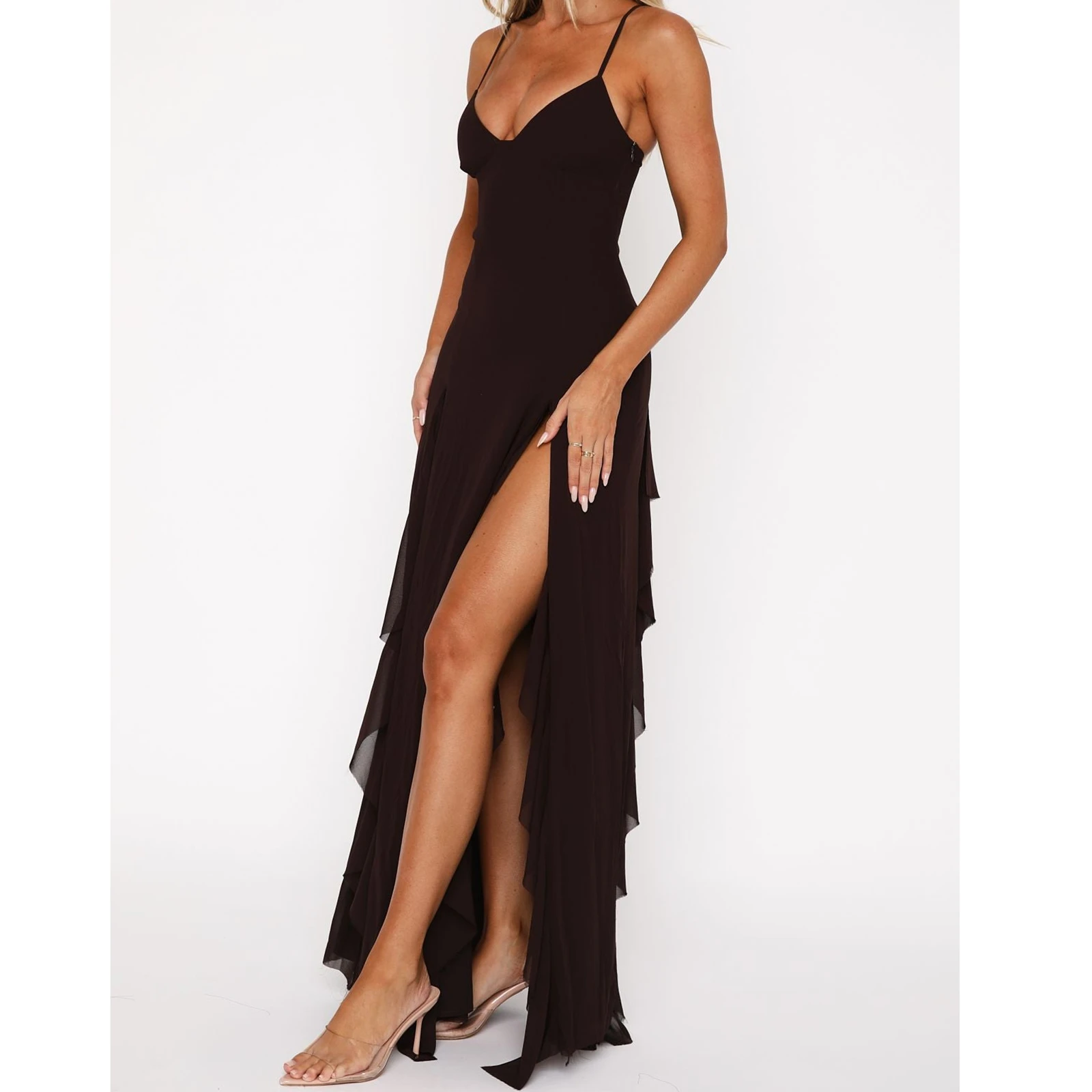 Abiti Para Mujer Abito lungo da donna Tinta unita con volant Spacco alto con cinturino per spaghetti Abito estivo Moda senza maniche Casual