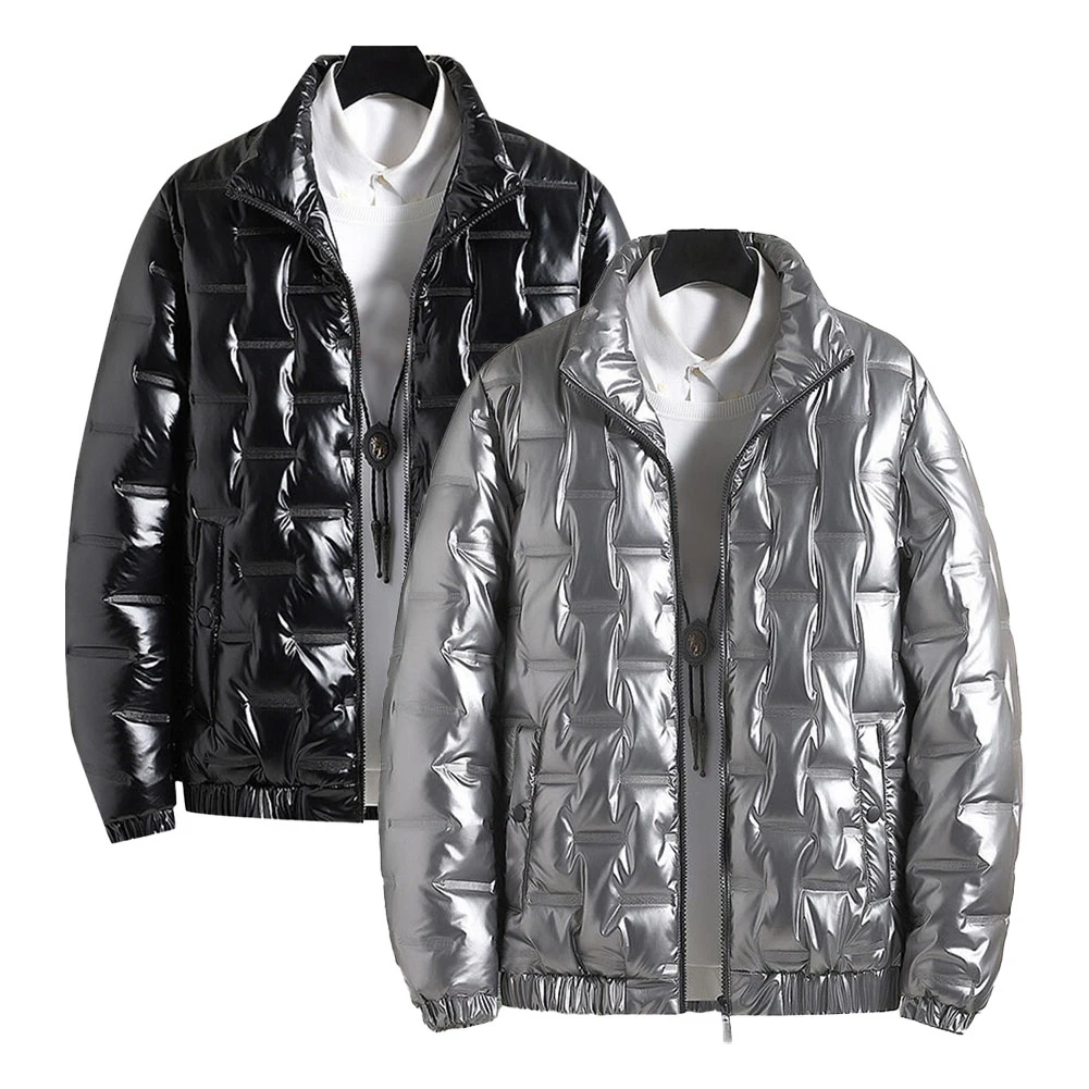 نمط غير رسمي للاستخدام الخارجي سترة فضية للرجال بقلنسوة معطف منتفخ لامع مبطن ملابس خارجية لامعة ملابس شتوية غير رسمية #6
