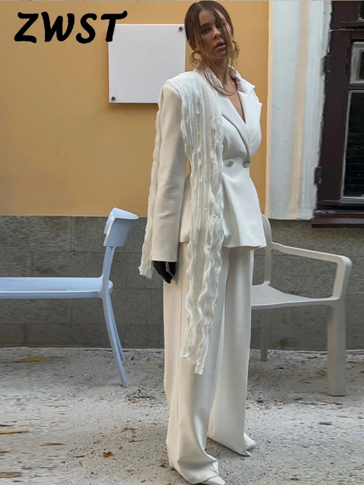 

Элегантный плиссированный пиджак и брюки, женский пиджак с отложным воротником и двойными пуговицами, прямые брюки 2026, весенние однотонные женские комплекты