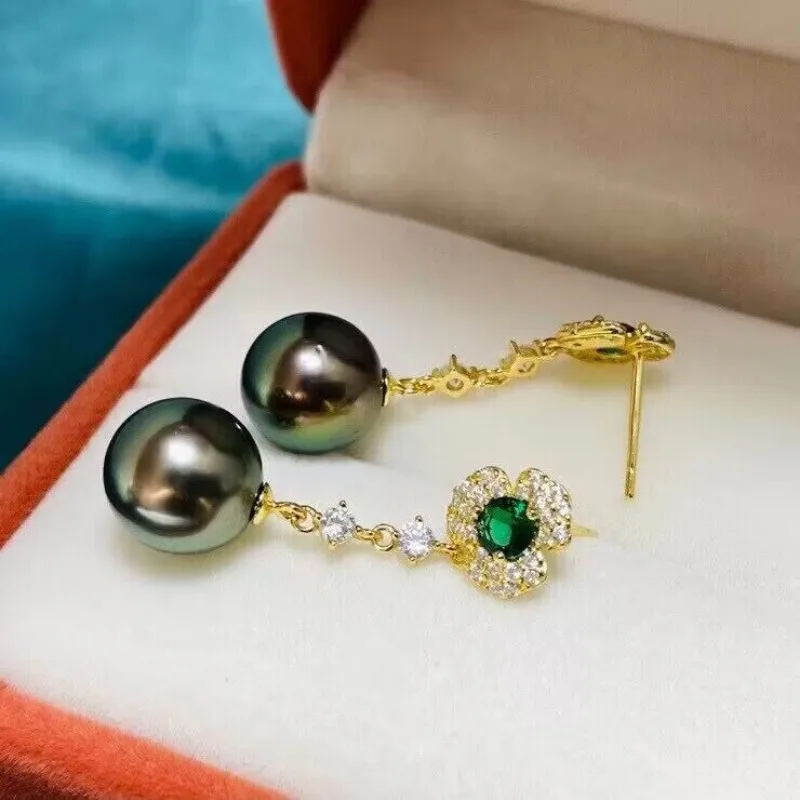 

Stunning 10-11mm tahitian round black green pearl dangle earring 925s long earrings for women sterling silver 925