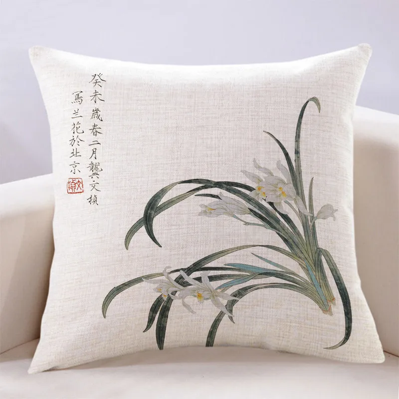 

New Chinese Pillow Chinese Style Classical Orchid Cushion Mahogany Sofa Living Room Linen Cotton Linen Fresh Pillow