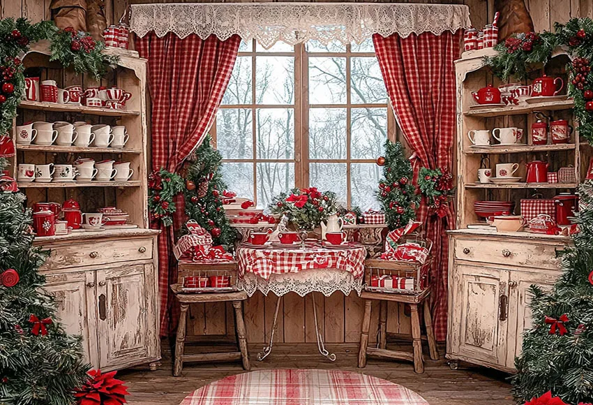 Mehofond Photography Background Winter Christmas Kitchen Window Curtains Xmas Kids Family Portrait Decor Backdrop Photo Studio