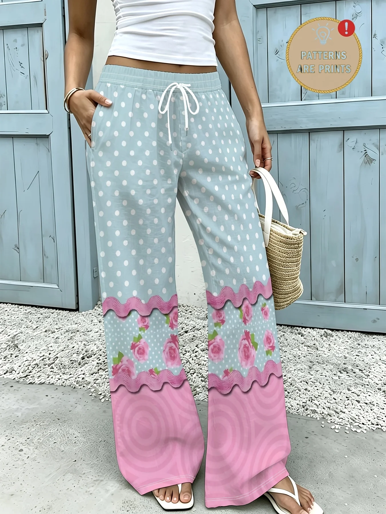 Elastic Drawstring Waist Women'S Plus Size Wide Leg Pants, Aesthetic Cute Bunny Heart Pattern Long Trousers