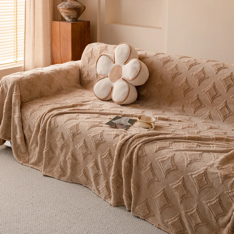 Plush Cotton Velvet Sofa Cover Non-Slip Couch Slipcovers L-shaped Sofa Towel Protector Jacquard Stripes Seat Cushion Blanket