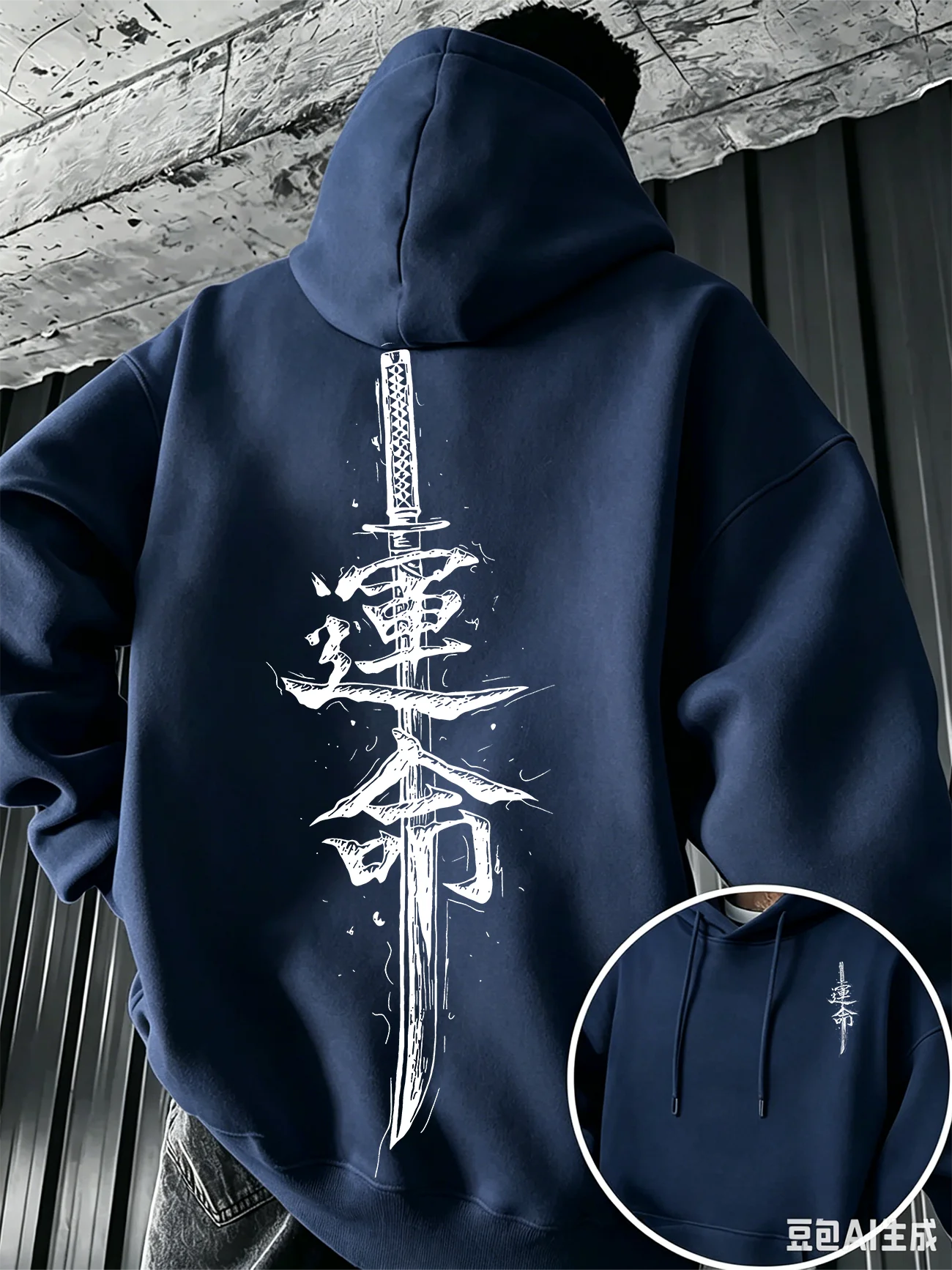 Men's Japanese Katana Sword Kanji Fate Letter Graphic Hoodie Vintage Brush Stroke Print Sweatshirt Autumn Winter Streetwear Top