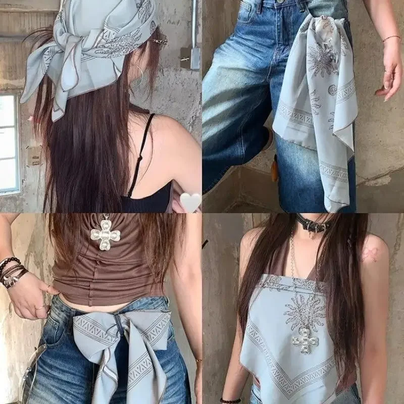 

Модный Y2K Ретро леопардовый принт шарф для волос пикантная девушка панк хип-хоп платок аксессуары для волос уличная одежда маленький квадратный шарф