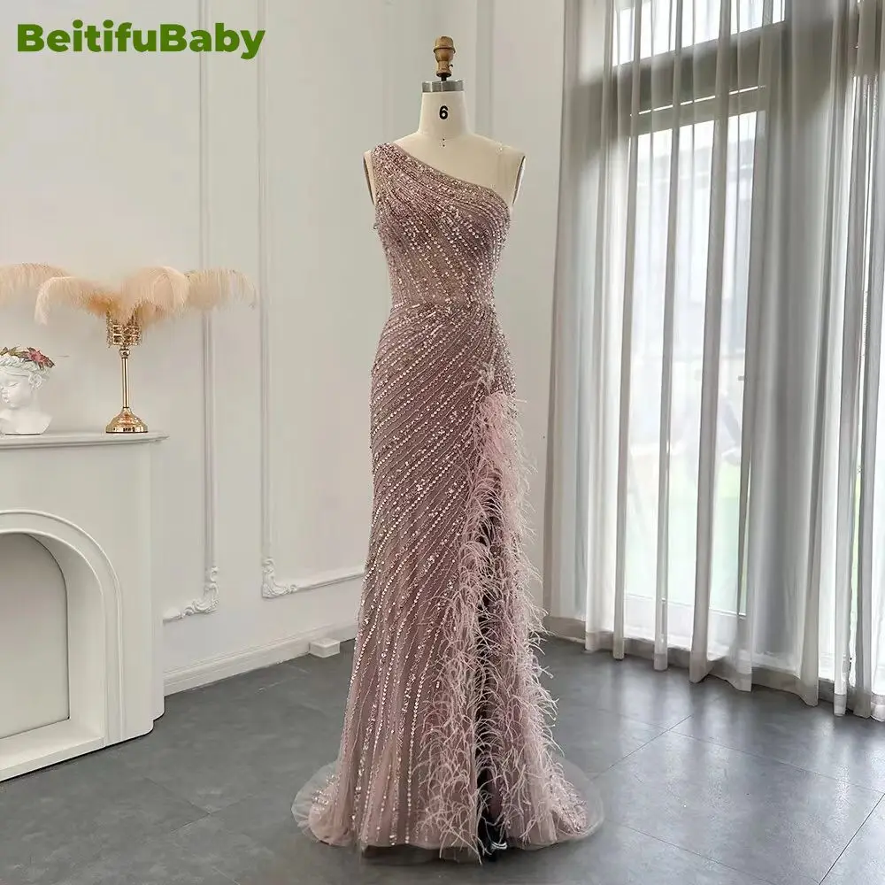 BeitifuBaby Women\'s Evening Dress Elegant Arabic One Shoulder Feather Sequins Waist Tight Slimming Dubai Party Dresses for Women