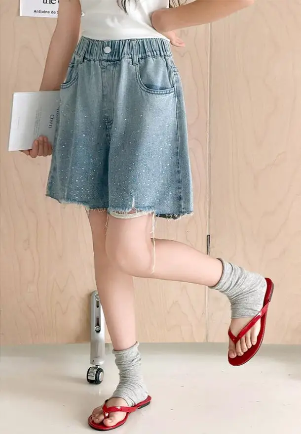 Summer Girls Rhinestone Denim Shorts New Korean Fashion Kids Ripped Hole Shorts Casual Versatile Children Clothing