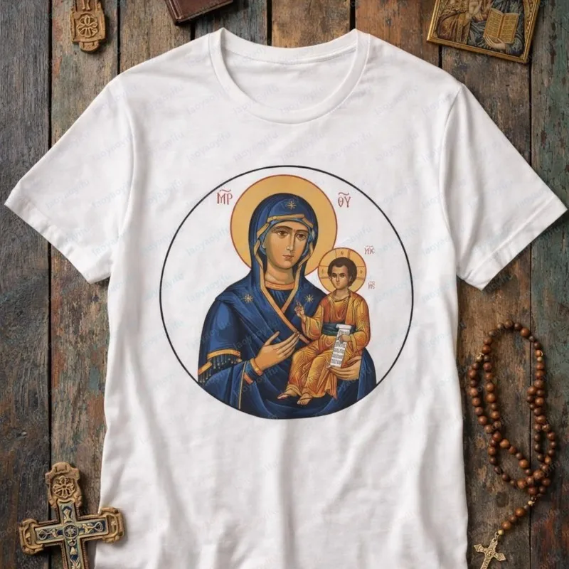 Byzantine Mother Mary with Jesus Cotton T-Shirt for Women Men Orthodox Icon Graphic Tee Religious Faith Trend Unisex Casual Tops