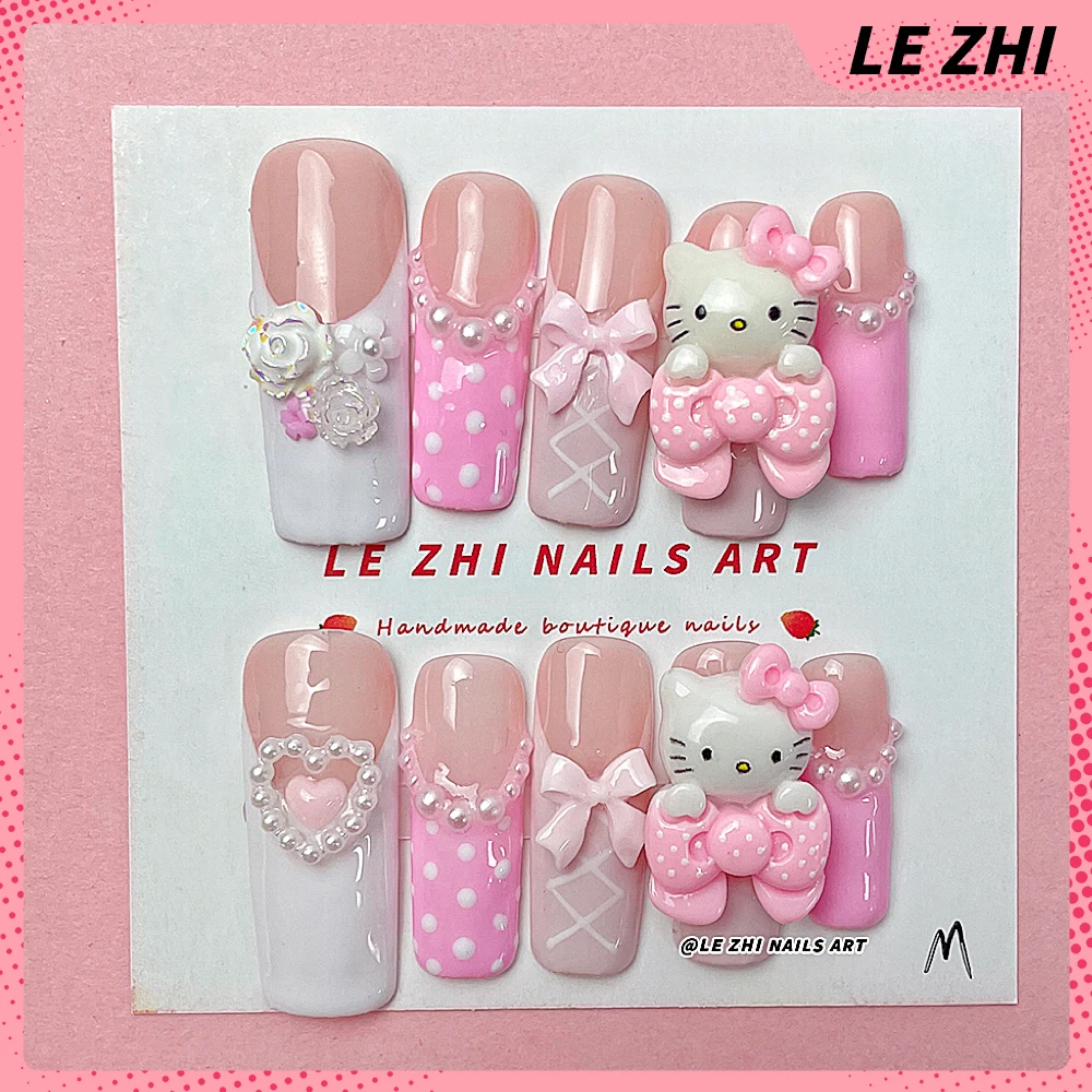 French Pearl Ballet Dancer Hello Kitty unghie artificiali a copertura totale 3D Stereo Rose Bowknot Long Square Kawaii Pink unghie fatte a mano