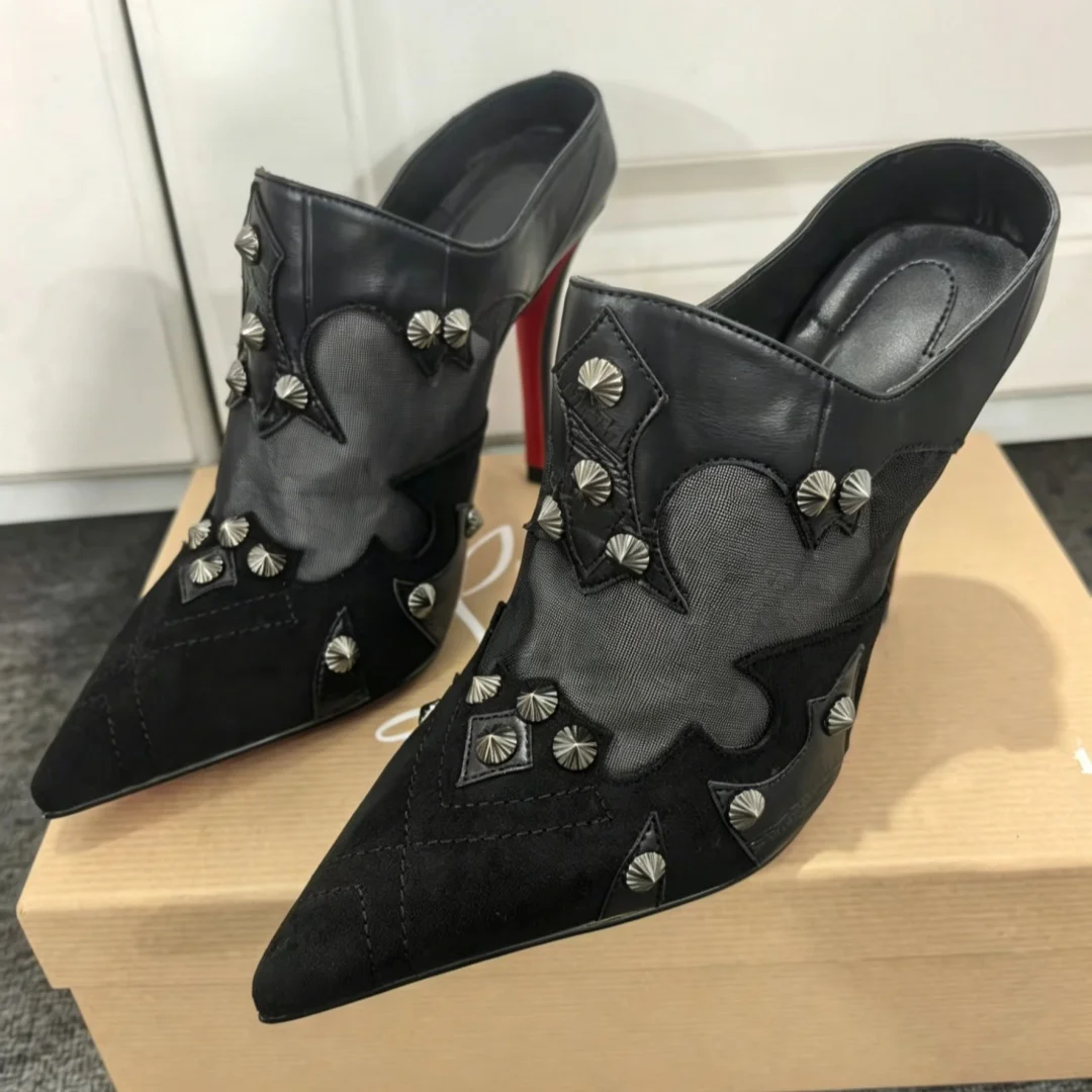 Women Black Mesh Patchwork Mule Heels Metal Spiked Rivets Pointed Toe Slingback Stiletto Sandals Classic Red Sole Punk Club Shoe view 5