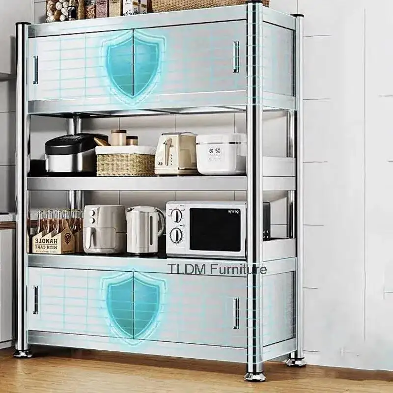 Sliding Door Cabinet Home Furniture Stainless Steel Kitchen Cabinets with Door Floor Multi-layer Multifunctional Storage Racks R