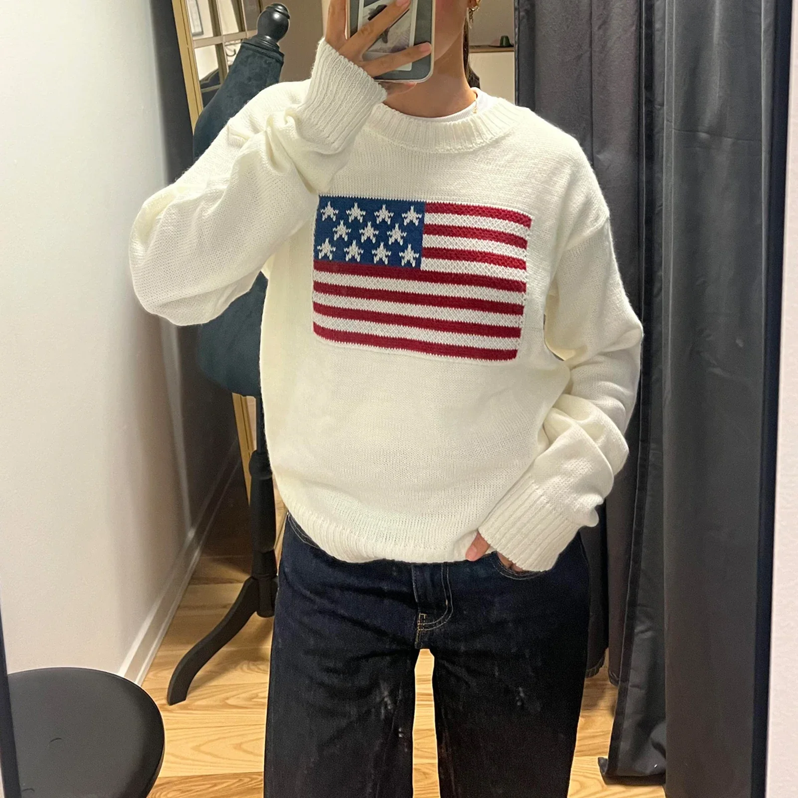 Women\'s Autumn Loose Knit Tops America Flag Print Long Sleeve Round Neck Sweaters Fall Winter Warm Knitwear Casual Jumpers