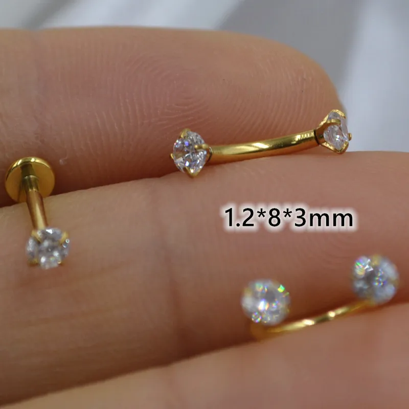 LOT50pcs 16gx8x 3mm biżuteria do ciała Piercing -Round CZ Lip Labret pierścień ucha Helix Bar wargi brwi nos Piercing podkowy pierścień