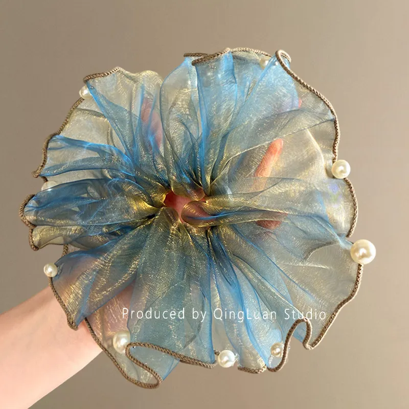 Fresh Blue Smudge Imitation Pearl French Atmosphere Headgear Flowing Beads Organza Beads Fat Intestine Hair Band