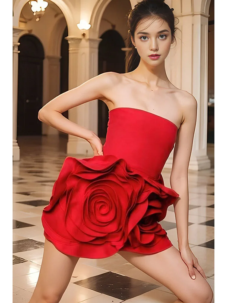 

Sexy Red Strapless Backless Ruffles Floral Mini Dresses Women Sleeveless Gowns 3D Flower Bodycon Dress Birthday Runway Evening
