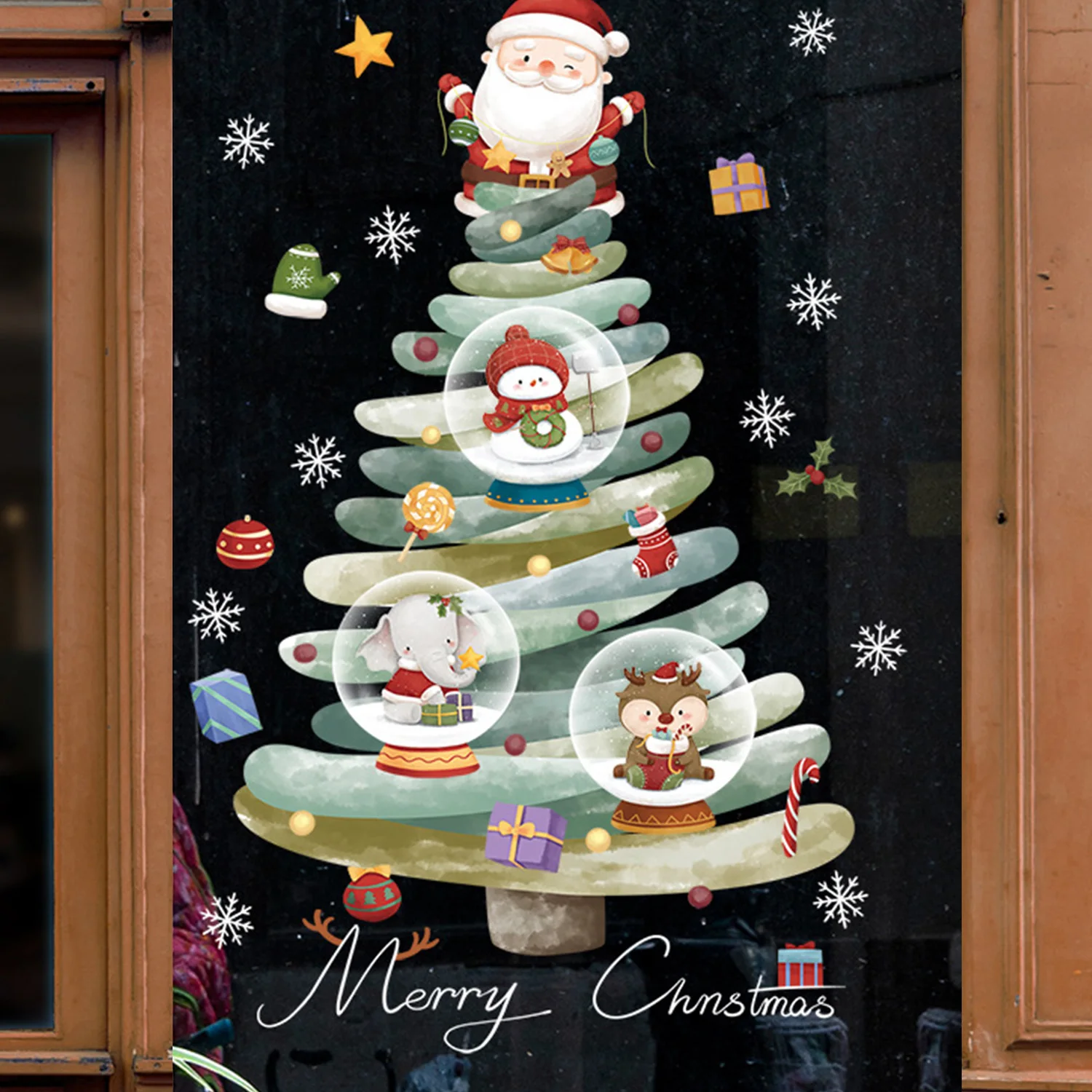 Christmas Decorative Window Stickers Xmas Tree Lights Snowmen Snowflakes Glass Wall Stickers Merry Christmas Happy New Year 2025