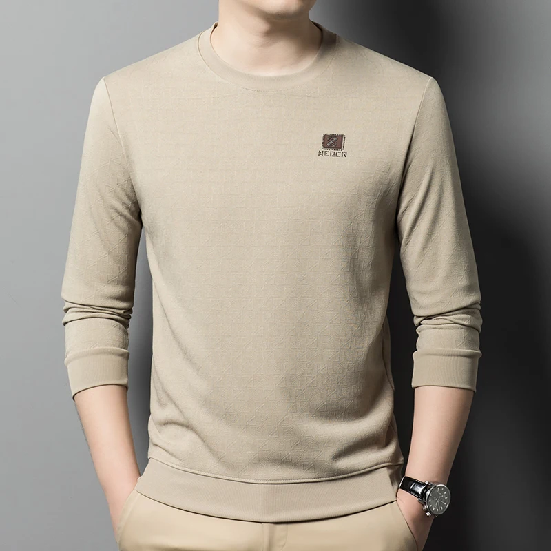 

Winter New Men's Long Sleeved T-shirt, Pure Cotton Round Neck Autumn Hoodie with Thick Fleece Base, Top