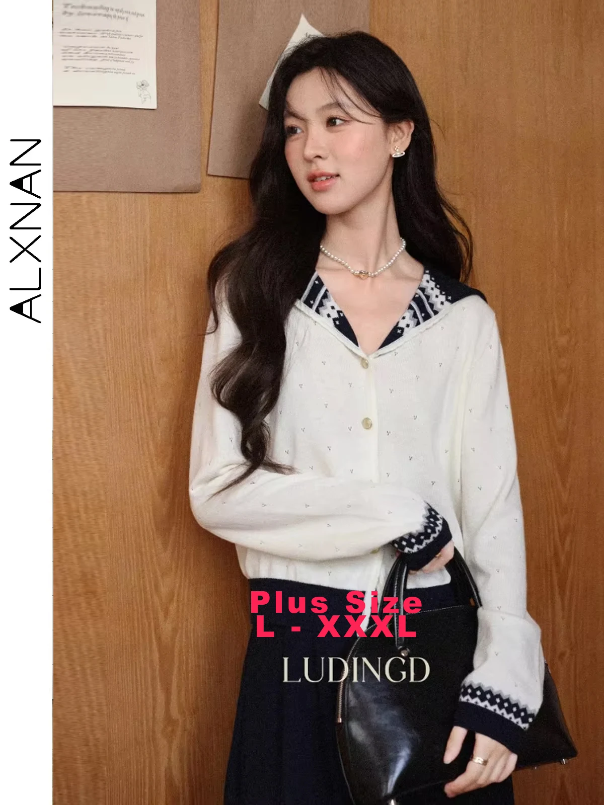 ALXNAN Strickpullover in Übergröße, Matrosenkragen, reguläre Passform, ausgehöhltes Design, Herbst, vielseitig, lässig, Pendeln, kurze Tops, D57625