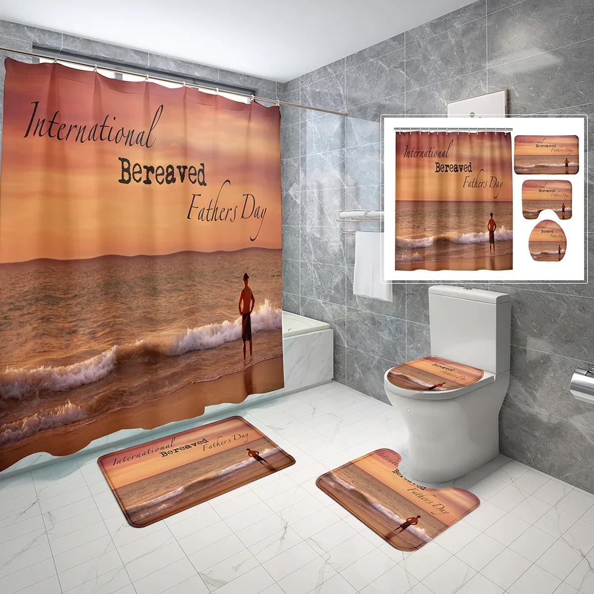 4 Sets Father's Day Shower Curtain Sets with Non-Slip Bath Mat,Toilet Lid Cover and Festival Theme Style Shower Curtain Sets