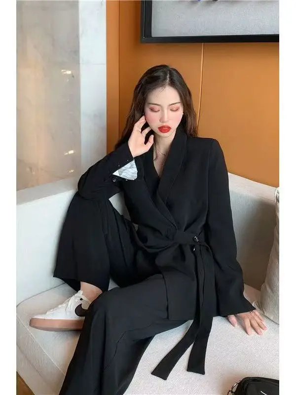 Casual Wide Leg Pants Women's Two-Piece Set Korean Style Spring Autumn Design Sense Suiting Ensemble High Waist Polyester Fiber