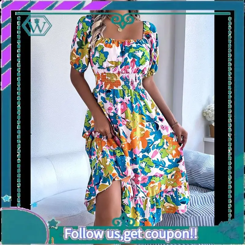 A09P Abiti casual estivi da donna 2025 Primavera Manica a sbuffo Collo quadrato A-Line Flowy Boho Abito longuette smock floreale