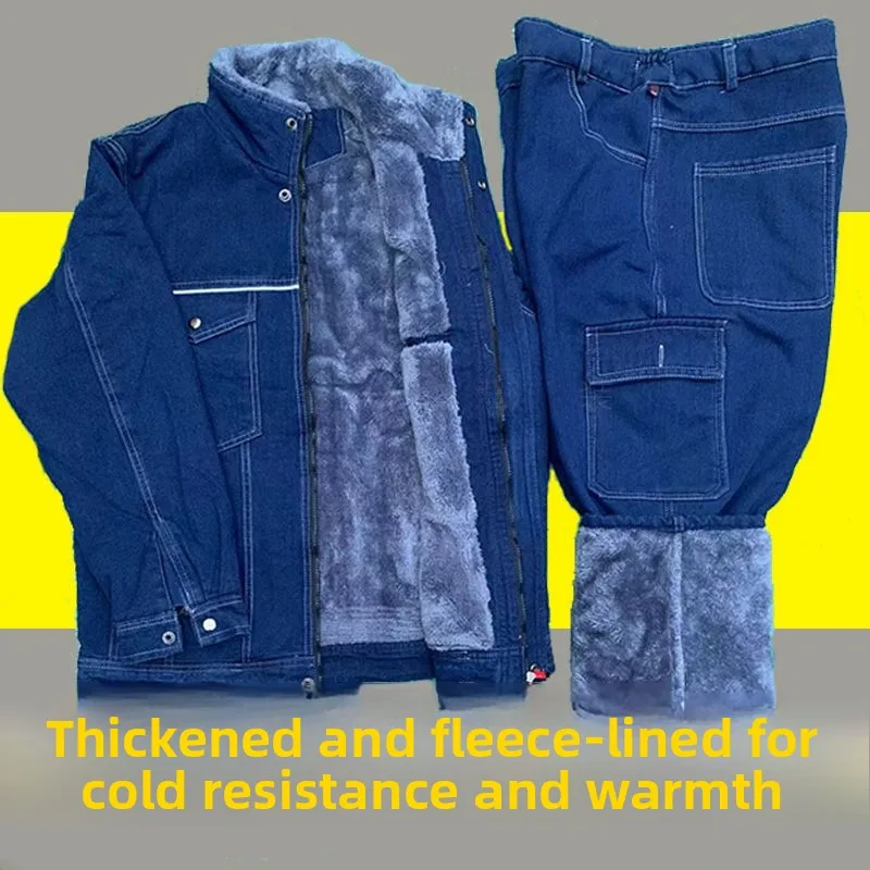 Completo Invernale da Lavoro in Denim Rinforzato a Doppio Strato per Uomo, Set con Pantaloni Resistenti all'Usura in Cotone, Anti-Scottatura