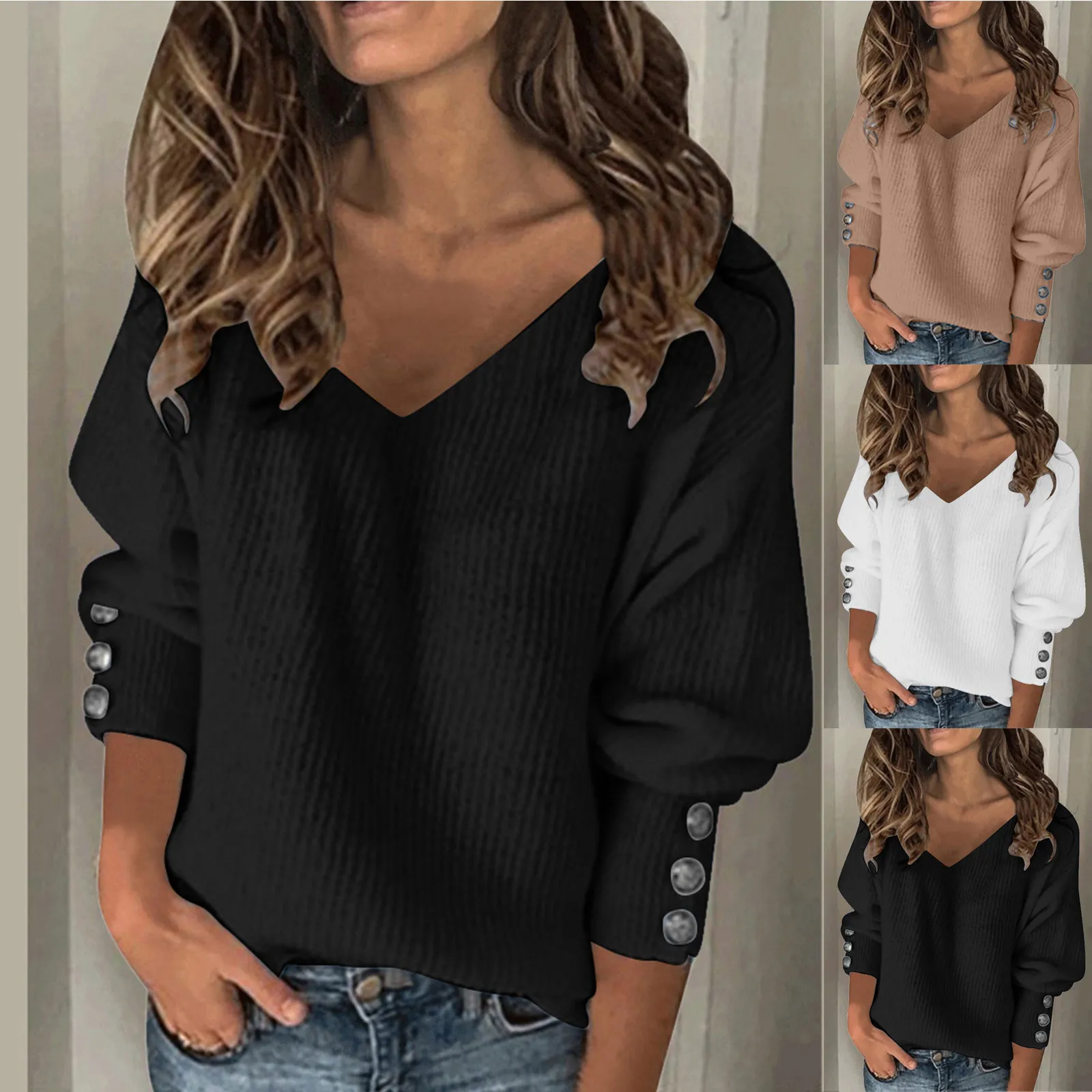 Women'S Autumn Winter Warm Top Solid Color V Leader Button Knit Sweater Fashion Simple Jumper Loose Casual Simple Sweater