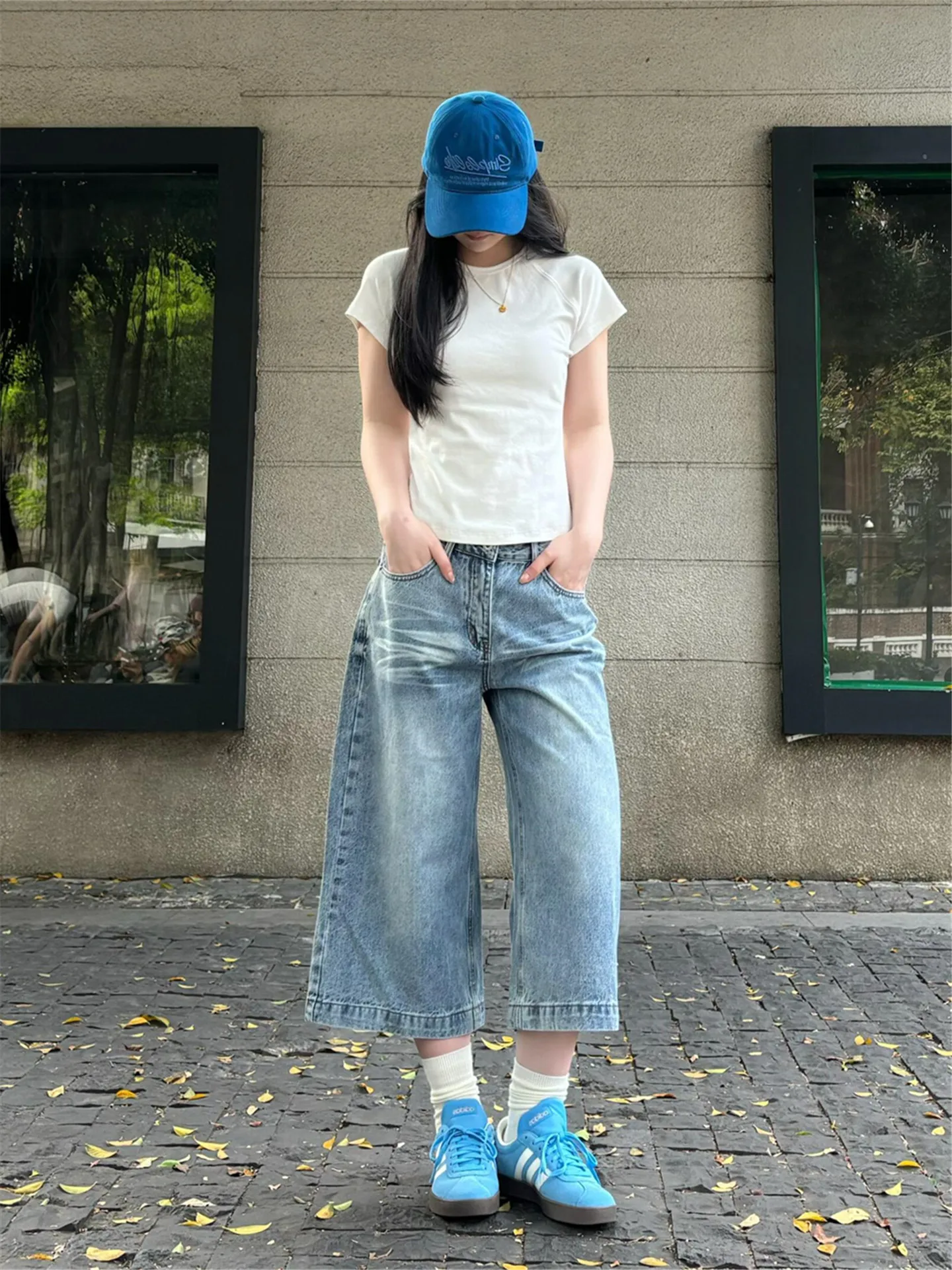 American Street Style Low Waist Wide Leg Seven-Foot Blue Jeans Women Summer Loose Slim  Casual Cotton Denim Pants