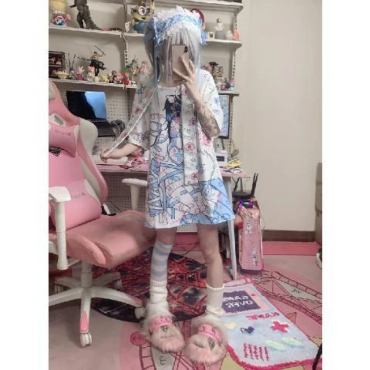 Harajuku Anime Print O-neck Loose Tops Women Y2k Grunge Mid-length T-shirts 2024 Summer New Short Sleeve Tee Shirt