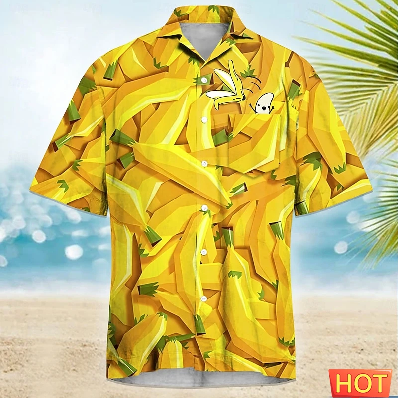 Funny Fruit Men's Hawaiian Shirt Vibrant Watermelon Strawberry Banana Print Cartoon Short Sleeve Button Up Shorts Summer Blouse