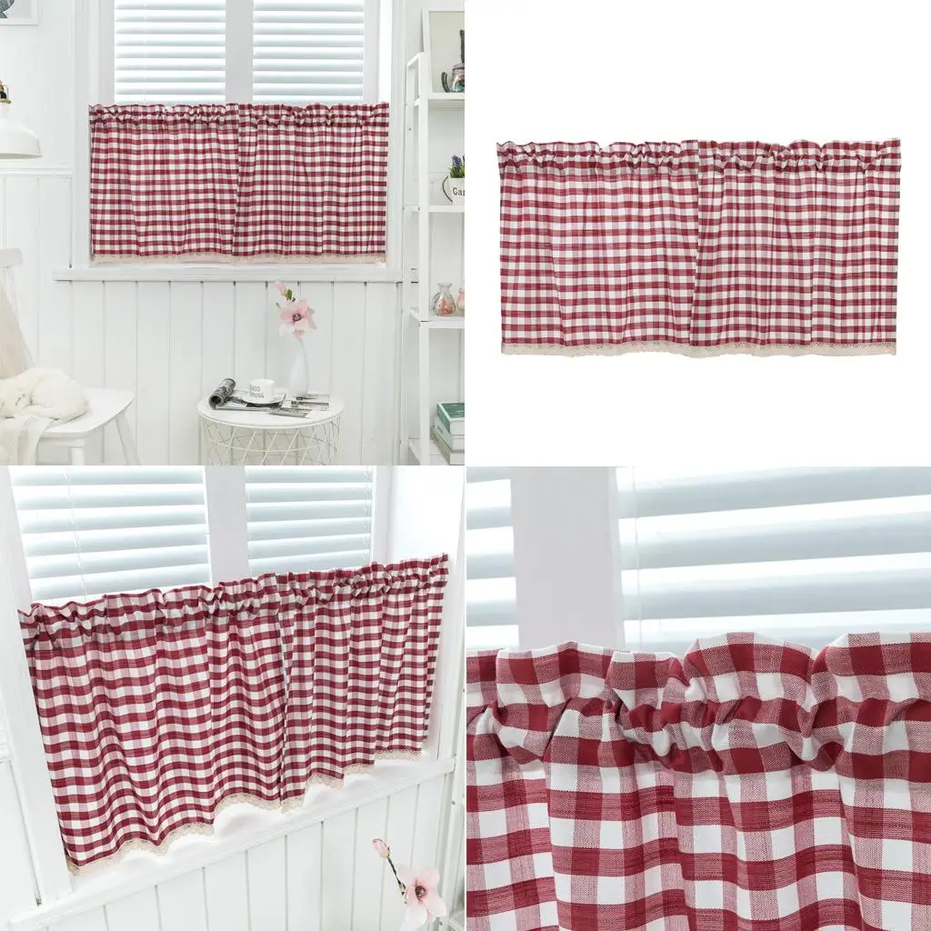 Check Lace Cotton Cafe Curtain Kitchen Curtain Valances Rural Home 130x41cm