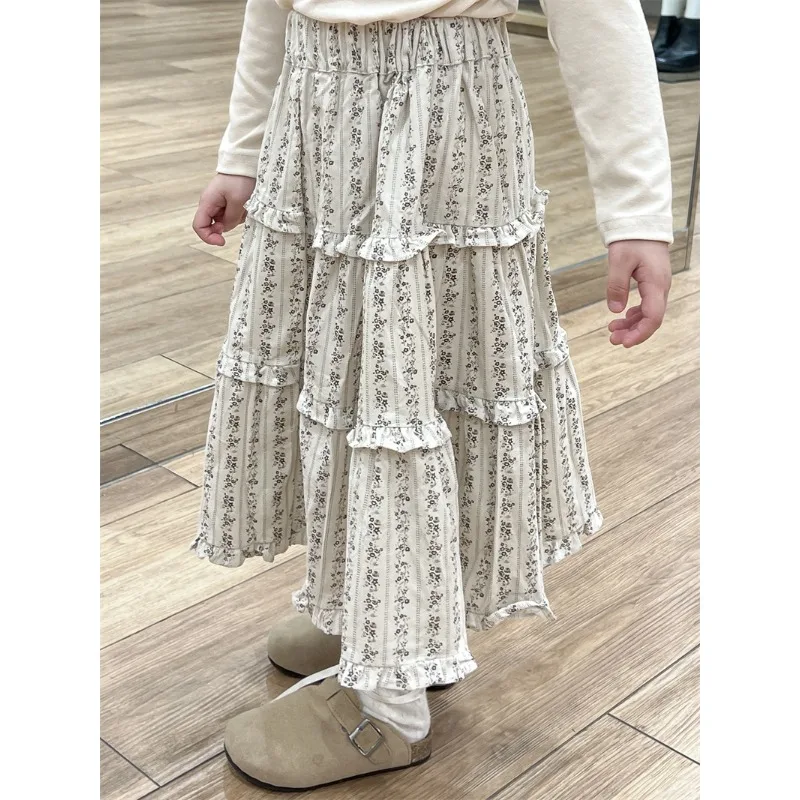 

Girls Skirt 2025 Autumn Spring Korean Style Fashion Sweet Cute Floral Print Striped Long-length Patchwork Skirt