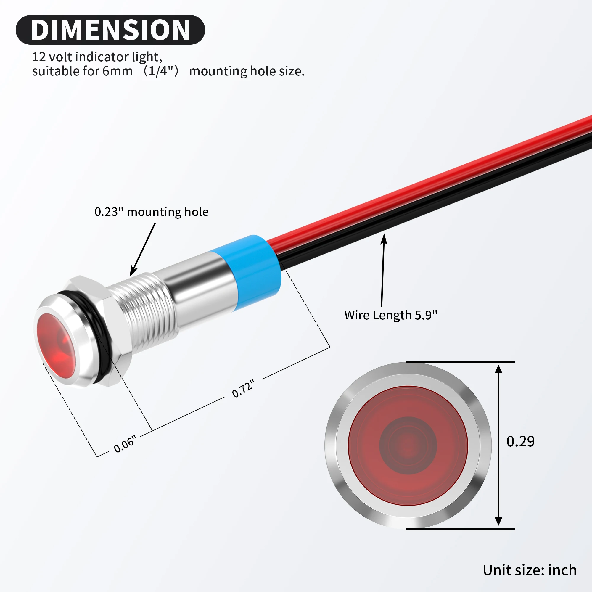 10PCS LED Indicator Light 12V Red LED 6MM Metal Waterproof 12 Volt Indicator Light 1/4