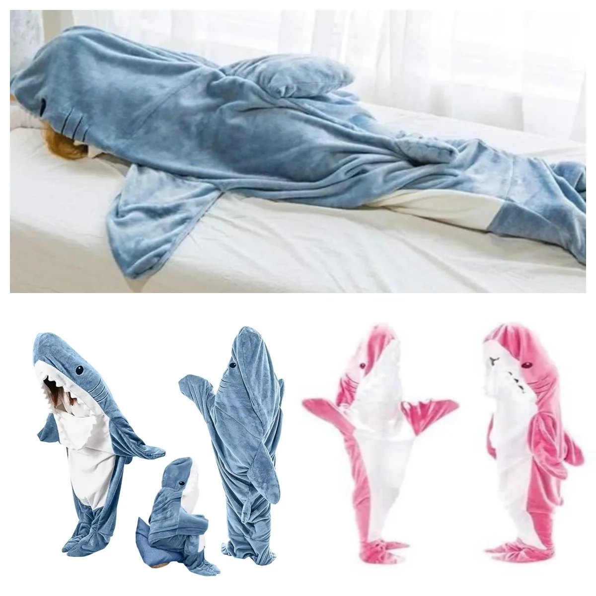 Cartoon Shark Onesie Adult Hooded Flannel Sleeping Bag Winter Cosplay Costume Warm Pajama Blanket view 2