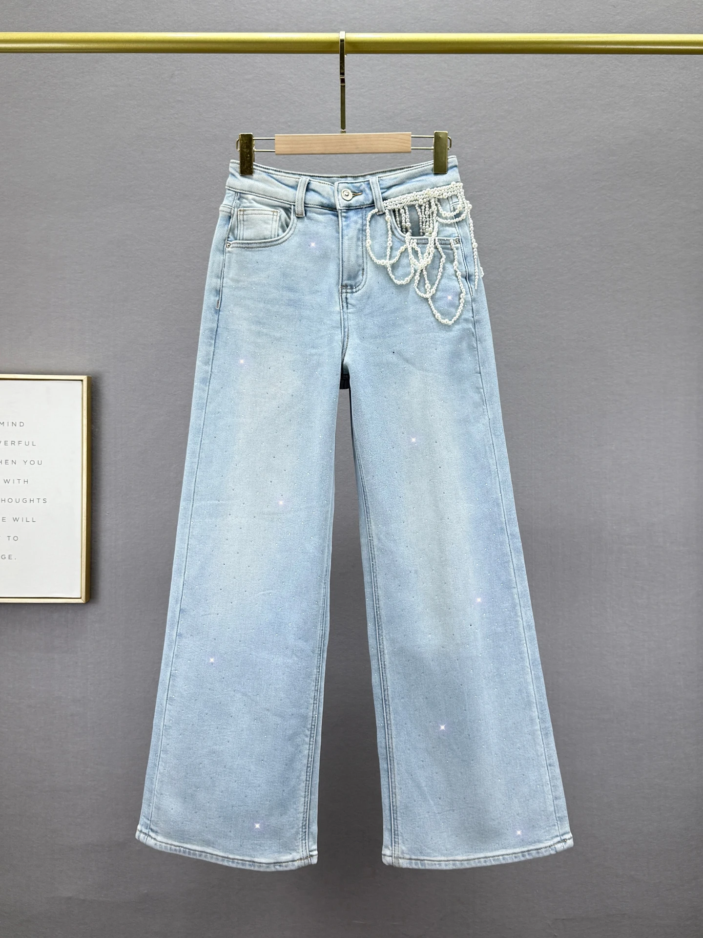 

Women's Fce Lined Loose Fit Wide Leg Jeans High Waist Denim Pants European Sle Embellied with Rhinestones Winter Colle...